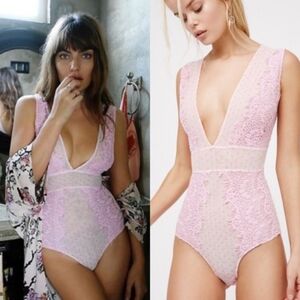 FREE PEOPLE Intimately Pink Breaking Hearts Metallic Lace Low Leotard Bodysuit L